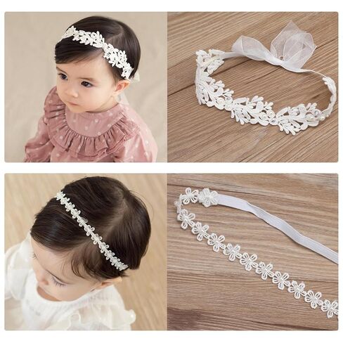 Elegant White Flower Christening Headbands for Baby Girl, Elastic Soft Lace with Cute Tulle Pearl Hair Strap, Stretchy Baptism Halo for Pure Newborns Infants Toddlers (Over 6 Months) (2 Pack 18-20in) in Kuwait