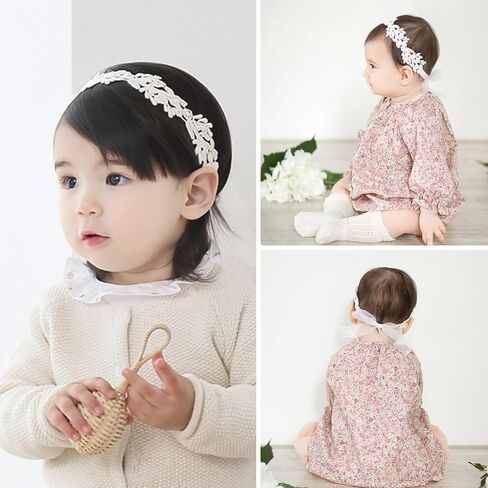 Elegant White Flower Christening Headbands for Baby Girl, Elastic Soft Lace with Cute Tulle Pearl Hair Strap, Stretchy Baptism Halo for Pure Newborns Infants Toddlers (Over 6 Months) (2 Pack 18-20in) in Kuwait