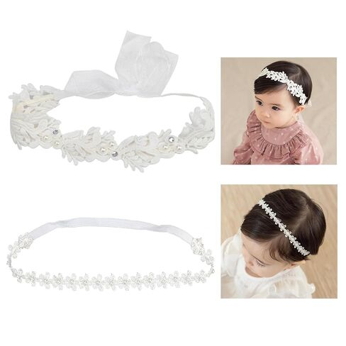 Elegant White Flower Christening Headbands for Baby Girl, Elastic Soft Lace with Cute Tulle Pearl Hair Strap, Stretchy Baptism Halo for Pure Newborns Infants Toddlers (Over 6 Months) (2 Pack 18-20in) in Kuwait