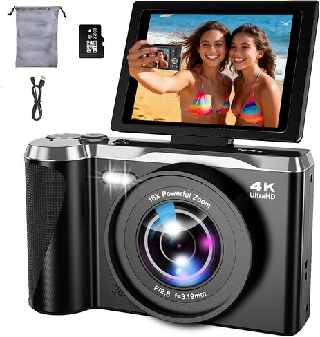 4K Digital Camera for Photography,56MP Camera with Autofocus & Flip Screen | 56MP Photos, 4K Video, Type-C Transfer, 180° Flip Screen, 16X Zoom, Autofocus, Anti-Shake and Dual Batteries for Creators in Kuwait