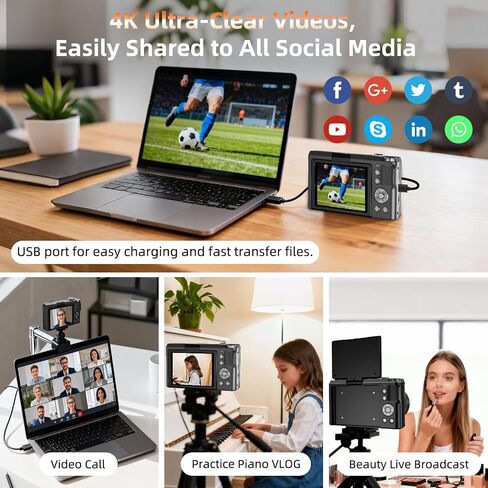 4K Digital Camera for Photography,56MP Camera with Autofocus & Flip Screen | 56MP Photos, 4K Video, Type-C Transfer, 180° Flip Screen, 16X Zoom, Autofocus, Anti-Shake and Dual Batteries for Creators in Kuwait