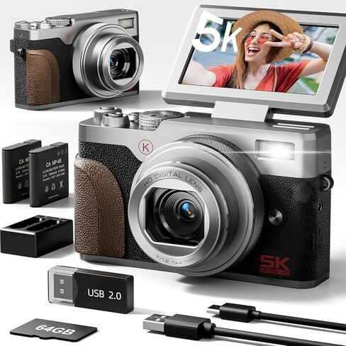 NBD 5K 64MP Digital Cameras for Photography, 18X Digital Zoom, Flip Screen | Autofocus, 180° Flip Screen, Anti-Shake, 2 Batteries, 64GB Card, for YouTube, Vlogging and Travel in Kuwait