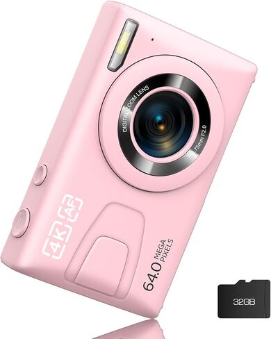 Digital Camera 4K 64MP Vlogging Camera Autofocus Point and Shoot Digital Cameras for Photography Camera for Kid Student Children Teen Girl Boy, 18X, 2 Batteries, 32GB Card, Pink in Kuwait