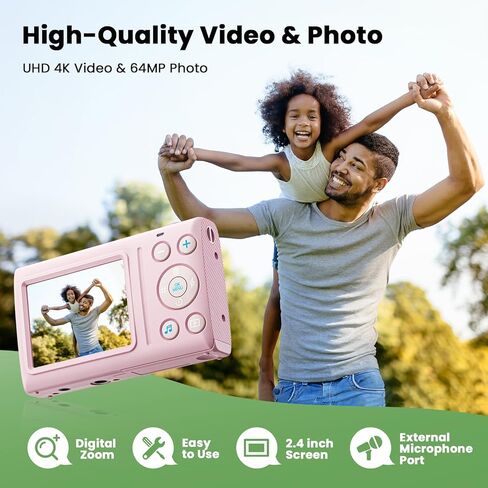 Digital Camera 4K 64MP Vlogging Camera Autofocus Point and Shoot Digital Cameras for Photography Camera for Kid Student Children Teen Girl Boy, 18X, 2 Batteries, 32GB Card, Pink in Kuwait
