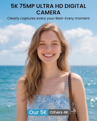 5K Digital Camera for Photography with Fill Light, 3'' 180°Flip Screen, 75MP Vlogging Camera for YouTube Video, 18X Zoom Compact Point and Shoot Cameras for Beginner Teens, Kids, Black in Kuwait