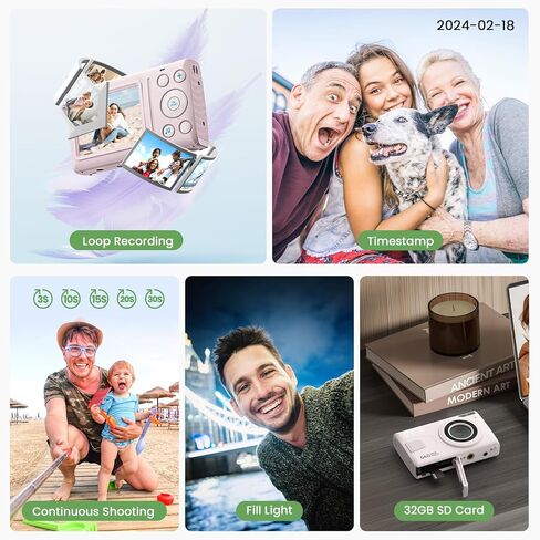Digital Camera 4K 64MP Vlogging Camera Autofocus Point and Shoot Digital Cameras for Photography Camera for Kid Student Children Teen Girl Boy, 18X, 2 Batteries, 32GB Card, Pink in Kuwait