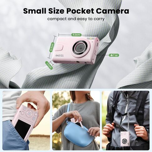 Digital Camera 4K 64MP Vlogging Camera Autofocus Point and Shoot Digital Cameras for Photography Camera for Kid Student Children Teen Girl Boy, 18X, 2 Batteries, 32GB Card, Pink in Kuwait
