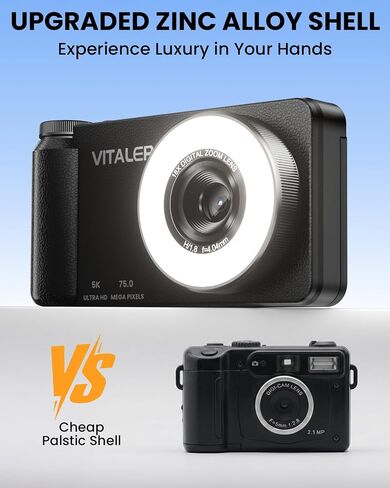 5K Digital Camera for Photography with Fill Light, 3'' 180°Flip Screen, 75MP Vlogging Camera for YouTube Video, 18X Zoom Compact Point and Shoot Cameras for Beginner Teens, Kids, Black in Kuwait