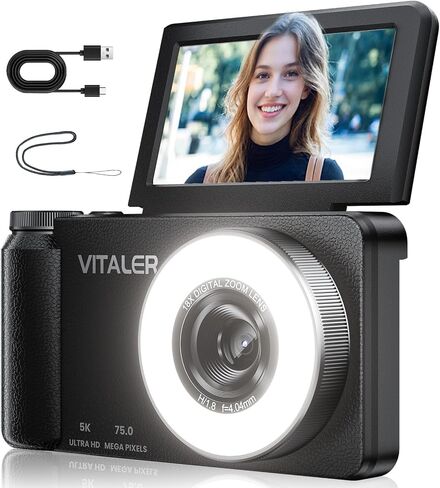 5K Digital Camera for Photography with Fill Light, 3'' 180°Flip Screen, 75MP Vlogging Camera for YouTube Video, 18X Zoom Compact Point and Shoot Cameras for Beginner Teens, Kids, Black in Kuwait