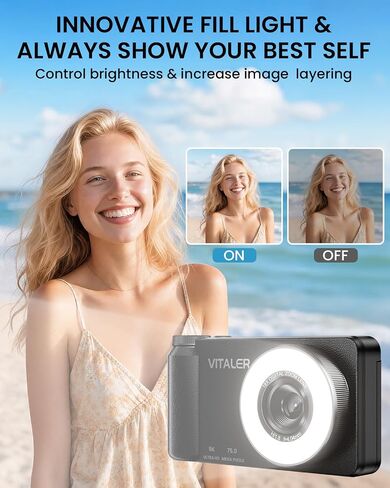 5K Digital Camera for Photography with Fill Light, 3'' 180°Flip Screen, 75MP Vlogging Camera for YouTube Video, 18X Zoom Compact Point and Shoot Cameras for Beginner Teens, Kids, Black in Kuwait