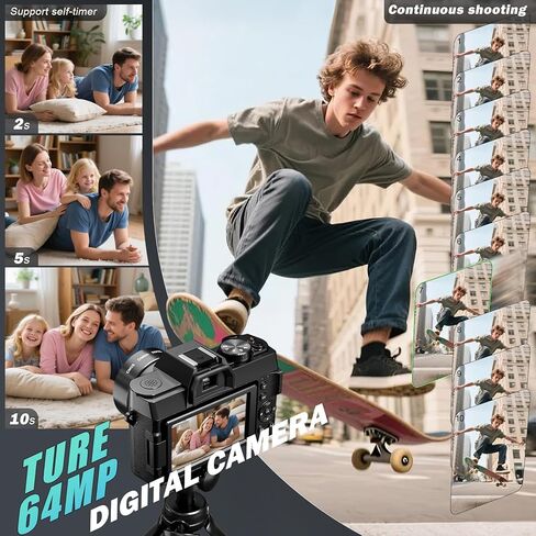 True 5K Digital Camera for Photography, 64MP, Autofocus & Anti-Shake, 16X Zoom, WiFi, Wide-Angle & Macro Lens, 64GB TF Card, Vlogging Camera for YouTube & Travel (Black) in Kuwait