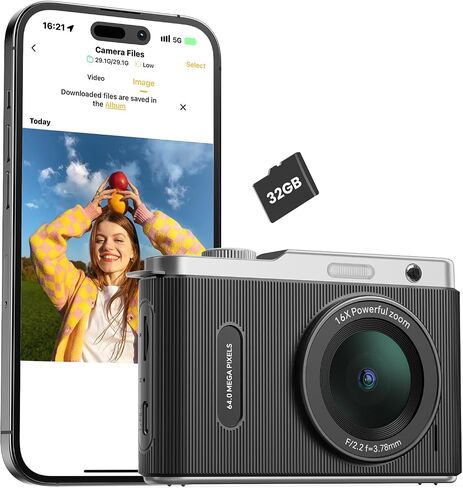 WiFi Digital Camera for Kids with Switching Dual Lens, 64MP 4K Point and Shoot Camera with 32GB Card, 16X Zoom, Anti Shake, Portable Compact Cameras for Teens Girl Boy Kids Starter Black in Kuwait