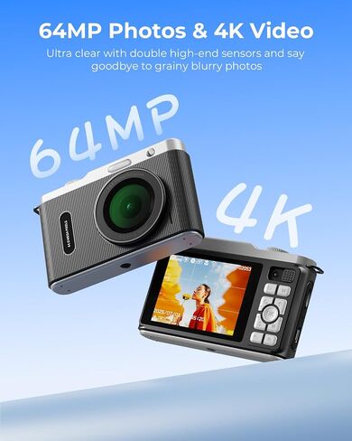 WiFi Digital Camera for Kids with Switching Dual Lens, 64MP 4K Point and Shoot Camera with 32GB Card, 16X Zoom, Anti Shake, Portable Compact Cameras for Teens Girl Boy Kids Starter Black in Kuwait