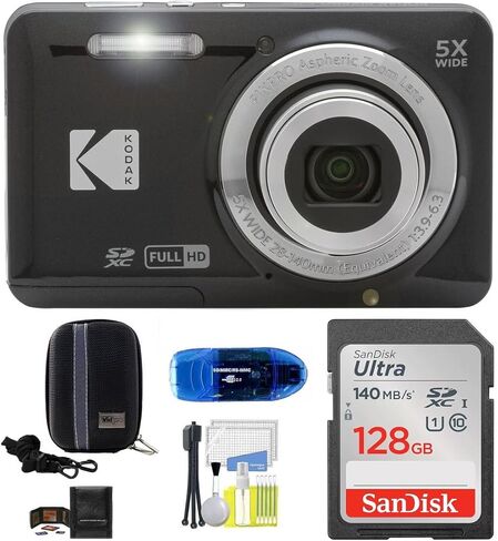 Kodak Pixpro FZ55 Digital Camera (Black) Bundle, Includes: SanDisk 128GB Memory Card, Hard Shell Camera Case, SD Card Reader and More (6 Items) in Kuwait