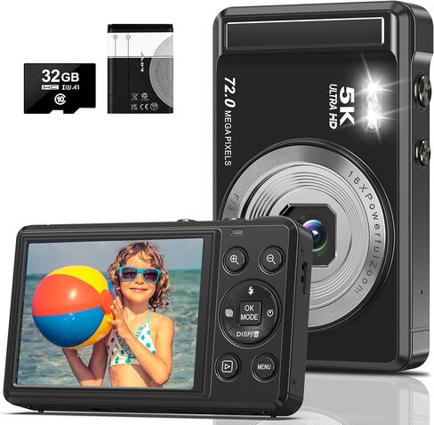 5K 72MP UHD Vlogging Digital Camera, 16X Digital Zoom Autofocus Point and Shoot Camera, 2.8" HD IPS Screen Compact Portable Camera with 32GB SD Card for Photography & Travel in Kuwait