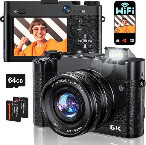 5K Digital Camera 6X Optical Zoom Video Camera with 64G Card & Selfie Lens | 64MP WiFi Camera Autofocus & Anti-Shake for YouTube with Flash for Parties, Trips, Birthdays Gift in Kuwait