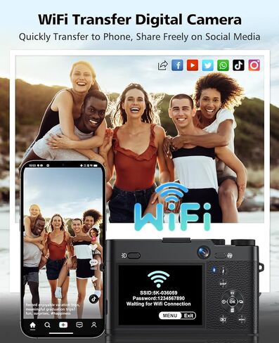 5K Digital Camera 6X Optical Zoom Video Camera with 64G Card & Selfie Lens | 64MP WiFi Camera Autofocus & Anti-Shake for YouTube with Flash for Parties, Trips, Birthdays Gift in Kuwait