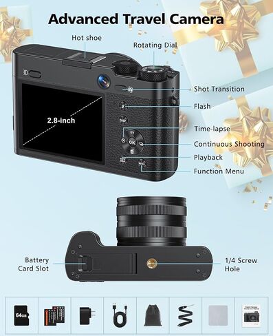 5K Digital Camera 6X Optical Zoom Video Camera with 64G Card & Selfie Lens | 64MP WiFi Camera Autofocus & Anti-Shake for YouTube with Flash for Parties, Trips, Birthdays Gift in Kuwait