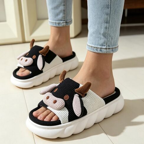 Cute Cow Linen Platform Slippers for Women Open Toe Breathable Waffle Fabric Cloud Thick Sole Non Slip Indoor Home Summer Slides Black Beige Brown Pink in Kuwait