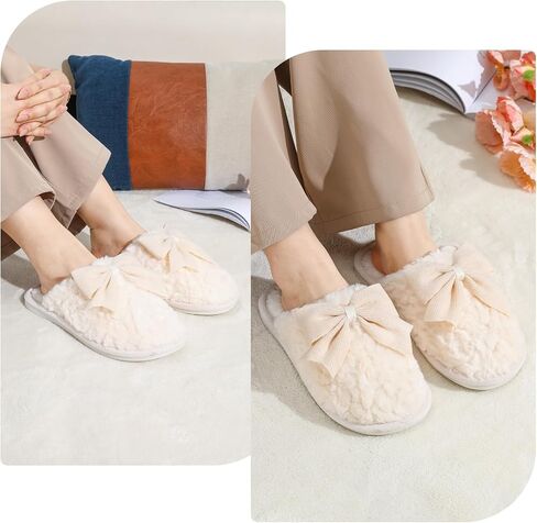 Women's Cute Cartoon Bow Slippers Furry House Shoes Cozy Memory Foam Indoor Outdoor in Kuwait