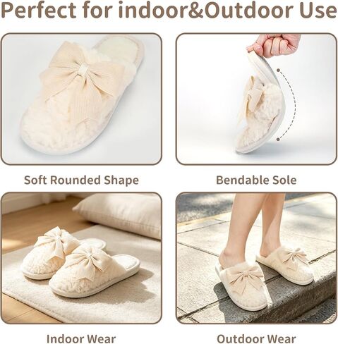 Women's Cute Cartoon Bow Slippers Furry House Shoes Cozy Memory Foam Indoor Outdoor in Kuwait