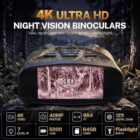 MOSSY OAK 4K Night Vision Goggles for Adults, 40MP Photos, 12X Digital Zoom | Infrared Night Vision Binoculars, 5000mAh Battery, 64GB Card Included, For Hunting, Wildlife Observation and Security in Saudi Arabia