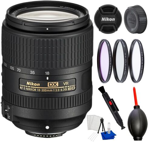 Nikon AF-S DX NIKKOR 18-300mm f/3.5-6.3G ED VR Lens Bundle for Nikon DSLR Cameras – All-in-One Zoom Lens with Manufacturer Accessories, 3pc Filter Kit, Lens Pen, Dust Blower, Cleaning Kit & More in Kuwait