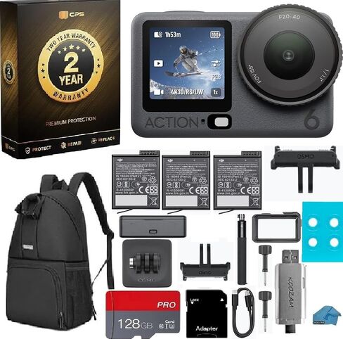 DJI Osmo Action 6 Adventure Combo 8K Waterproof Camera Bundle with 2-Yr Warranty, 128GB MicroSD, USB Reader, Backpack - 1/1.1" Sensor, Variable Aperture, 3X Batteries, 4hr Life, Vlogging in Kuwait