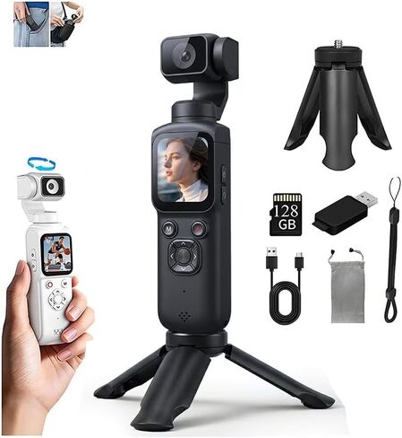 4K Pocket Vlogging Camera,75MP Handheld Camcorder with 330° Rotating Lens & Face Tracking,WiFi and PDAF Autofocus,3-Axis Stabilizer,1.72" Touch Screen,for Travel,Vloggers and YouTube (black-128G) in Kuwait