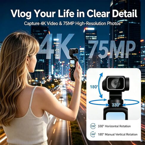 4K Pocket Vlogging Camera,75MP Handheld Camcorder with 330° Rotating Lens & Face Tracking,WiFi and PDAF Autofocus,3-Axis Stabilizer,1.72" Touch Screen,for Travel,Vloggers and YouTube (black-128G) in Kuwait