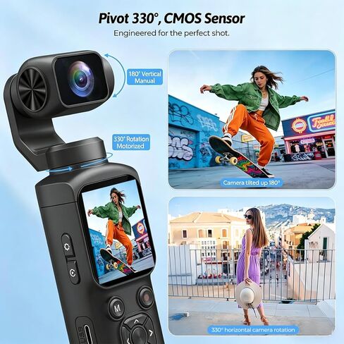 4K Pocket Vlogging Camera,75MP Handheld Camcorder with 330° Rotating Lens & Face Tracking,WiFi and PDAF Autofocus,3-Axis Stabilizer,1.72" Touch Screen,for Travel,Vloggers and YouTube (black-128G) in Kuwait