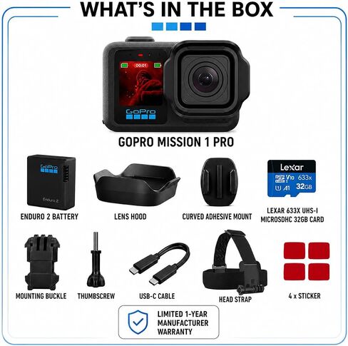GoPro Mission 1 PRO Compact Cinema Action Camera, Waterproof Underwater Camera with 8K60 Video, 1" Sensor, 50MP Photos, 1080p960 Slow Motion, HyperSmooth Stabilization, Head Strap, 32GB SD in Kuwait