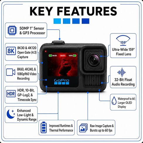 GoPro Mission 1 PRO Compact Cinema Action Camera, Waterproof Underwater Camera with 8K60 Video, 1" Sensor, 50MP Photos, 1080p960 Slow Motion, HyperSmooth Stabilization, Head Strap, 32GB SD in Kuwait