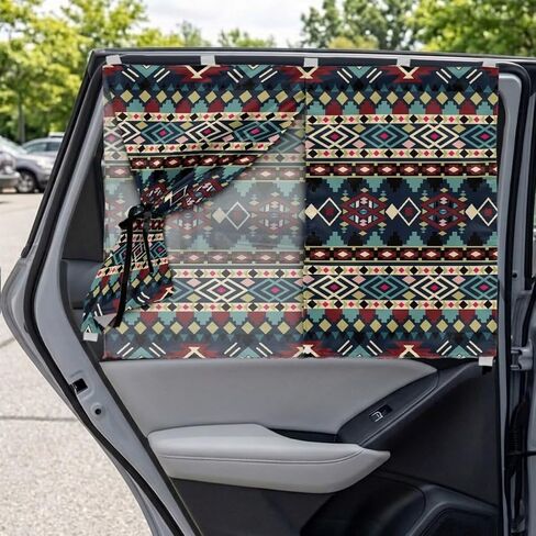 Tribal Geometric Aztec Print Car Window Shades Dual Layer Car Rear Window Sunshade Semi-Transparent/Privacy Full Covers 2 in 1 Universal Auto Sun Shade for Kid Pet Protection in Kuwait