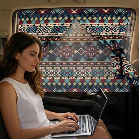Tribal Geometric Aztec Print Car Window Shades Dual Layer Car Rear Window Sunshade Semi-Transparent/Privacy Full Covers 2 in 1 Universal Auto Sun Shade for Kid Pet Protection in Kuwait