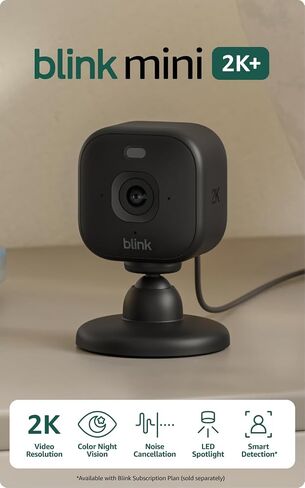 Blink Mini 2K+ (newest model) with 1-Year Basic plan – Plug-in Home & Pet Security Camera with 2K video resolution, color night vision, enhanced audio, motion detection – 1 camera (Black) in Kuwait