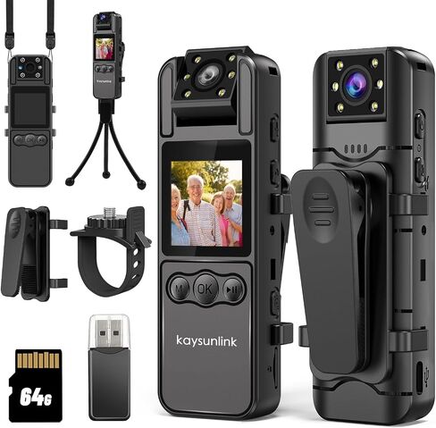 kaysunlink Body Camera with 1.4" Screen Audio and Auto Video Night Vision 1080P FHD Mini Police Wearable Body Worn Cam Portable Small Personal Camcorder Sport Action Outdoor Video Recorder (64GB) in Kuwait