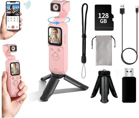4K Handheld Camera with WiFi,Outdoor Pocket Gimbal Vlogging Camera,330° Rotating Lens Handheld Camcorder,64MP Fast Focusing Face Tracking,3-Axis Stabilizer for Vloggers and YouTube (PINK-128G) in Kuwait