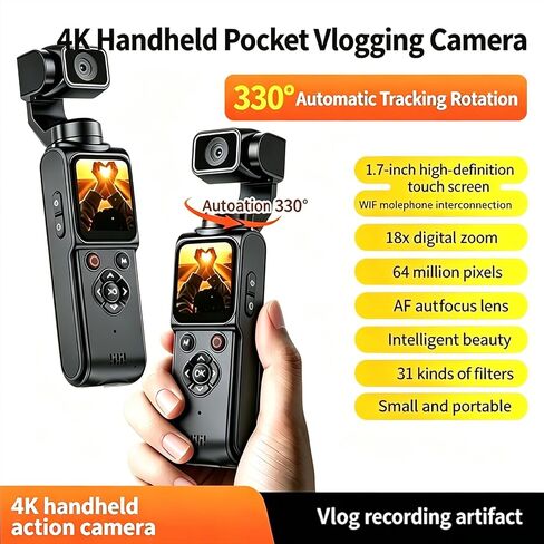 4K Handheld Camera with WiFi,Outdoor Pocket Gimbal Vlogging Camera,330° Rotating Lens Handheld Camcorder,64MP Fast Focusing Face Tracking,3-Axis Stabilizer for Vloggers and YouTube (PINK-128G) in Kuwait