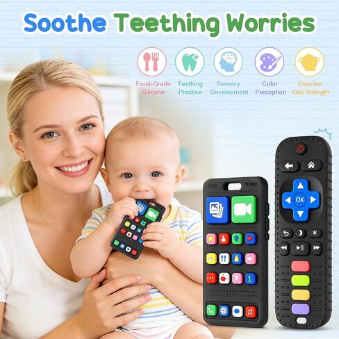 2 Pack Phone & Remote Baby Teething Toys 3-12 Months, Silicone Baby Teether | BPA Free, Realistic Design, Soft & Durable, Easy to Crip, Baby Chew Toys for Teething Relief, Gifts for Newborns Infants in Kuwait