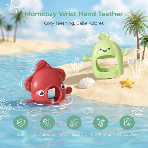 Momcozy 2 Pack Baby Teething Toys, Food Grade Silicone Baby Teethers, Baby Teether Mitten Wrist Teether Set for 0–12 Months, Easy Grip Teething Relief with Multiple Chew Points, Red&Grass Green in Kuwait