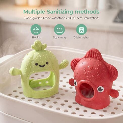 Momcozy 2 Pack Baby Teething Toys, Food Grade Silicone Baby Teethers, Baby Teether Mitten Wrist Teether Set for 0–12 Months, Easy Grip Teething Relief with Multiple Chew Points, Red&Grass Green in Kuwait