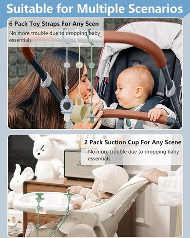 6 Pack Silicone Baby Toy Straps with 2 pcs Suction Cup Bases, Silicone Pacifier Holder, Toy Strap,Adjustable Toy Holder for Stroller Accessories, Car Seat, Highchair,Crib (A) in Saudi Arabia