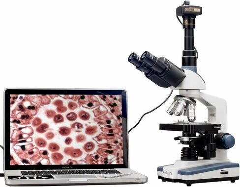 AmScope T120B-10M Digital Professional Siedentopf Trinocular Compound Microscope, 40X-2000X Magnification, WF10x and WF20x Eyepieces, Brightfield, LED Illumination, Abbe Condenser with Iris Diaphragm, Double-Layer Mechanical Stage, 100-240VAC, Includes 10 in Kuwait