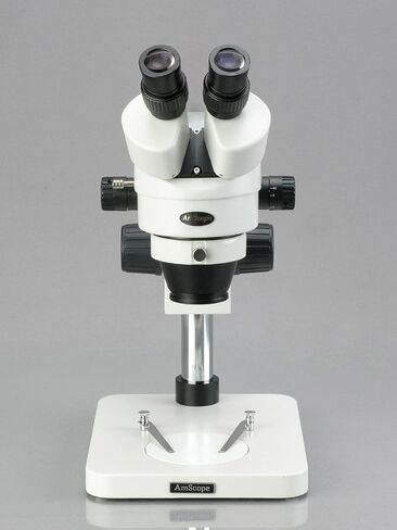 AmScope SM-1BS-64S Professional Binocular Stereo Zoom Microscope, WH10x Eyepieces, 7X-45X Magnification, 0.7X-4.5X Zoom Objective, 64-Bulb LED Ring Light, Pillar Stand, 110V-240V in Kuwait
