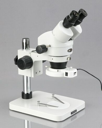 AmScope SM-1BS-64S Professional Binocular Stereo Zoom Microscope, WH10x Eyepieces, 7X-45X Magnification, 0.7X-4.5X Zoom Objective, 64-Bulb LED Ring Light, Pillar Stand, 110V-240V in Kuwait