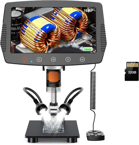 Hayve 9 '' LCD Digital Microscope, 1500X Magnification Coin Microscope with 16MP Camera, Micro Soldering Microscope for Adults, 32GB Card Included, Wired Remote, Compatible with Windows/Mac OS | 16MP Camera, 32GB Card Included, Wired Remote, Compatible wi in Kuwait
