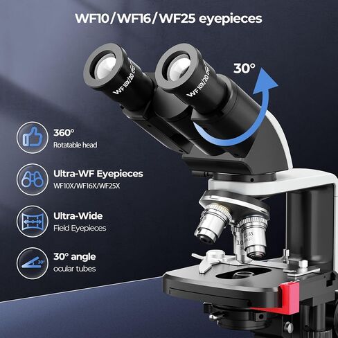 [Dual Power Supply] Vabiooth Lab Compound Binocular Microscope 40X-2500X Magnification, Two-Layer Mechanical Stage, 20mm Ultra Wide-Field 10X 16X and 25X Eyepieces, Dual Power Supply, Abbe Condenser in Kuwait