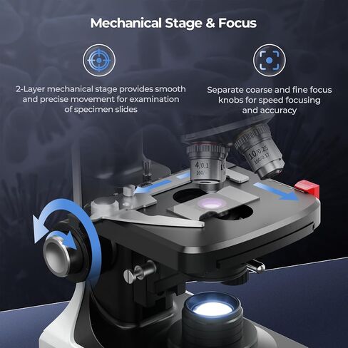 [Dual Power Supply] Vabiooth Lab Compound Binocular Microscope 40X-2500X Magnification, Two-Layer Mechanical Stage, 20mm Ultra Wide-Field 10X 16X and 25X Eyepieces, Dual Power Supply, Abbe Condenser in Kuwait