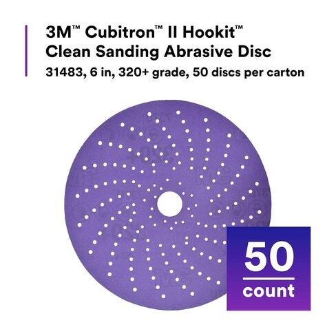 3M Cubitron II Hookit Clean Sanding Abrasive Disc 31483, 6 in, 320+ Grade, Pack of 50 Discs, Virtually Dust-Free, High Performance, Long Lasting, Multi-Hole Pattern, Feather Edging, Stock Removal in Kuwait